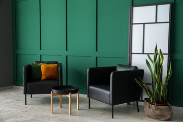 Black armchairs with table and houseplant near green wall