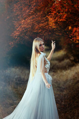 Fototapeta premium Beautiful girl wearing fairy dress in autumn forest