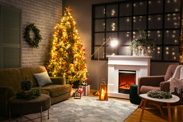 Fototapeta na wymiar Interior of stylish living room decorated for Christmas