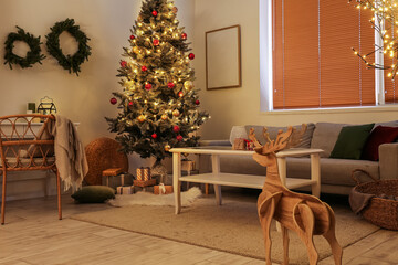 Interior of stylish living room decorated for Christmas