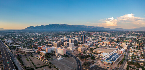 Large panorama of Tucson Arizona with Catalina Mountains in distance. Evening blue hour. 
