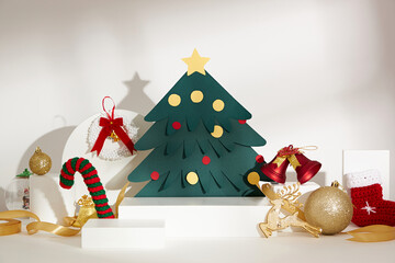 White podium with white background and christmas ornament decoration , front view , for product...