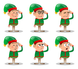 Christmas Elf shows a you're nuts gesture by twisting his finger around his temple. Vector cartoon character illustration of Santa Claus's little worker, helper.