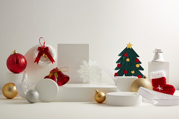 White podium with white background and christmas ornament decoration , front view , for product advertising , holiday content - Powered by Adobe