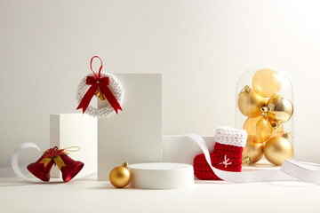 White podium with white background and christmas ornament decoration , front view , for product...