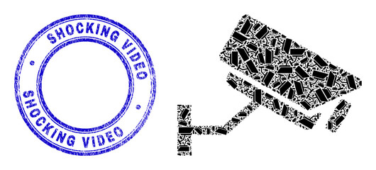 Vector CCTV camera icon mosaic is designed of randomized self CCTV camera parts. Shocking Video unclean blue round seal imitation. Recursive mosaic from CCTV camera icon.
