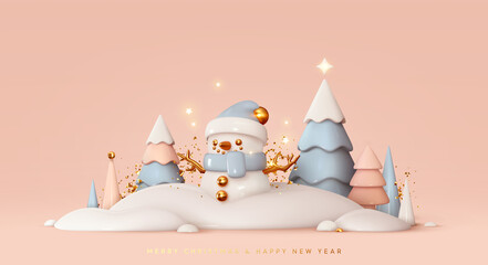 Christmas background. Realistic 3d Christmas trees, colorful winter landscape, funny snowman in snow. Happy new year festive abstract design. Soft pastel color blue and pink white. Vector illustration - obrazy, fototapety, plakaty