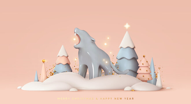 New year background with Blue water tiger symbol of 2022 traditional Asian, Chinese calendar. Christmas winter design with fir trees snow drifts and realistic 3d tiger. Vector illustration