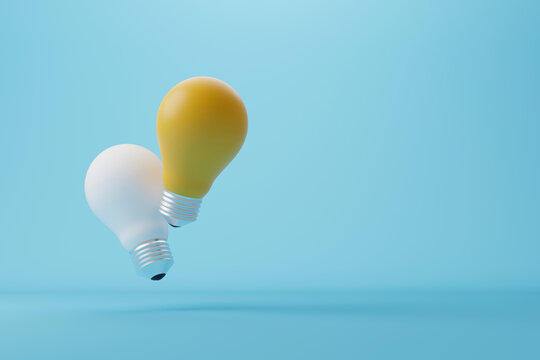 Light bulb white and yellow on light blue background. Concept of creative idea and innovation. 3d rendering illustration