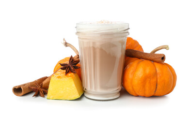 Glass of tasty pumpkin latte on white background