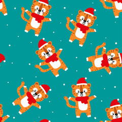Fototapeta premium seamless pattern cute cartoon tiger and snow. for fabric print, gift wrapping paper