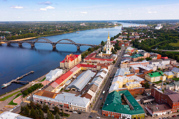 Aerial view of Russian city of Rybinsk in Yaroslavl Oblast overlooking historical area with five-domed Orthodox Transfiguration Cathedral 