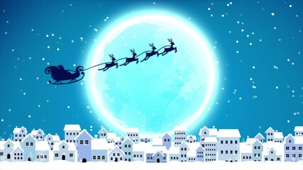 Christmas abstract background with a Santa riding the reindeer sleigh over the big moon in the night sky. Glittering shimmering snowflake blurry and shine particles background. For Christmas, New year - Powered by Adobe