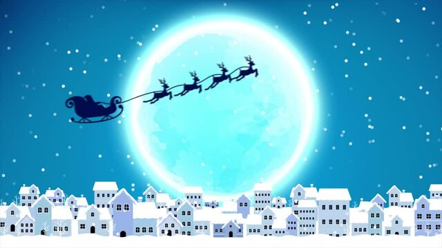 Christmas abstract background with a Santa riding the reindeer sleigh over the big moon in the night sky. Glittering shimmering snowflake blurry and shine particles background. For Christmas, New year