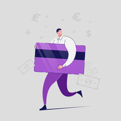 Business man holding credit card conceptual flat illustration. Creative simple flat illustration.