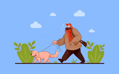Old man and his dog walking in the sunset conceptual flat illustration. Creative simple flat illustration.