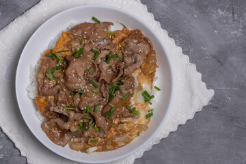 Sliced pork over rice with Japanese Teriyaki sauce menu in Korea and Japanese restaurant.