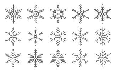 Snowflakes snow xmas symbol thin black line set. Winter element new year decor christmas contour. Linear icon freeze sticker hexagonal shape holiday card invitation weather widget isolated on white