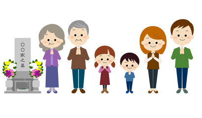 お墓参りをする家族（秋冬）