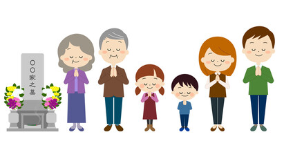 お墓参りをする家族（秋冬）