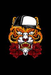 Tiger with flower and hat vector illustration