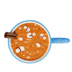 Snowman in a cup of hot chocolate or cocoa, 3d rendering. Creative cappuccino with marshmallows, top view. Marshmallow in the form of a snowman.
