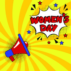 Happy women's day. comic book explosion with text - women's day. 8 march happy women's day, international holiday. Pop art chat wow text box cloud. Greeting sticker label woman's mothers day.