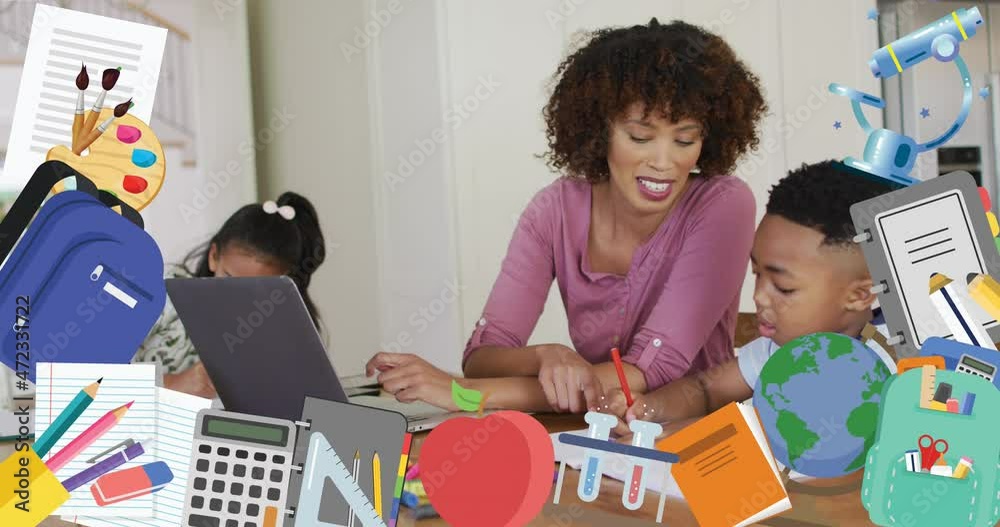 Wall mural Animation of school items over african american mother and children learning at home