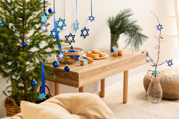 Stylish interior of room decorated for Hanukkah celebration