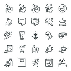 Cause, effect, and prevention of constipation or digestive system. Vector line icons