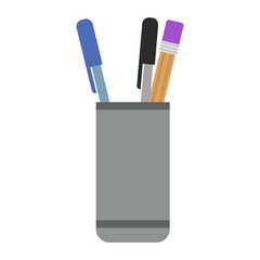 Pencil holder with pencil with rubber tip and pen. White background. Isolated.