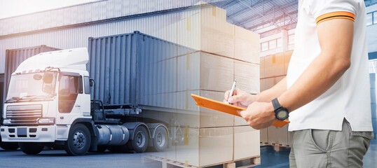 Double Exposure Photos of Shipper Checking Package Boxes to Deliver to Customers. Trucks Loading at...
