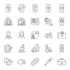 Telemedicine icons set. Outline icons related hospital and medical care.