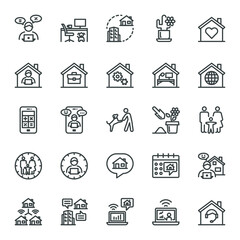 Happiness Work from home and work life balance. Self quarantine, stay home, Vector line icons