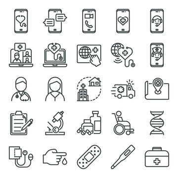 Telemedicine icons set. Outline icons related hospital and medical care.