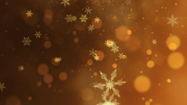 Gold round bokeh and fly snowflakes, holidays and winter style background for Happy New Year and Merry Christmas