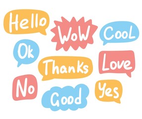 Messaging design elements. Textured speech bubble signs. Hand drawn text vector set. Colorful text clouds with different words.
