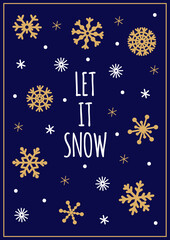 Snowfall vector illustration. Hand-drawn golden snowflakes on a dark background. Christmas template for a postcard, invitation, printing. Seasonal holiday concept, let it snow.