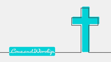 Cross and come and worship text in thin lines style