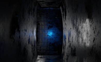 Fototapeta na wymiar Passageway in the tunnel with blue lighting 3D rendering wallpaper background