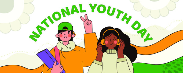 Fototapeta na wymiar hand drawn national youth day horizontal banner