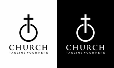 Church logo. Christian symbols. Circles, Jesus cross. on a black and white background.