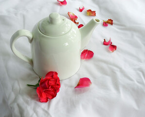 White teapot and rose petals on a white background