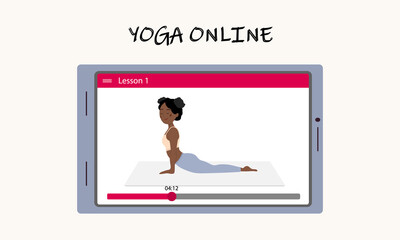 Fototapeta na wymiar Yoga classes online without leaving home. A pretty African girl shows an asana on the tablet screen. Yoga training via the Internet. Vector illustration.