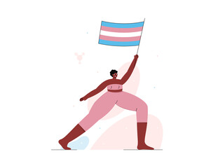 Flat vector illustration. African-american person holds transgender flag at street demonstration in support of LGBT rights. - obrazy, fototapety, plakaty