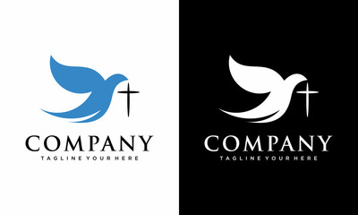 Christian cross with wings pigeon. Christian church creative logo design template, on a black and white background.