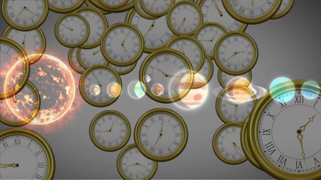 Animation of solar systems, planets and space over clocks ticking