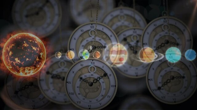 Animation of solar system, planets and space over clocks ticking