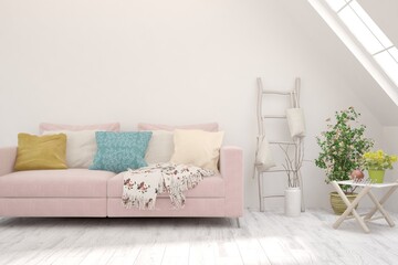 White living room with sofa. Scandinavian interior design. 3D illustration