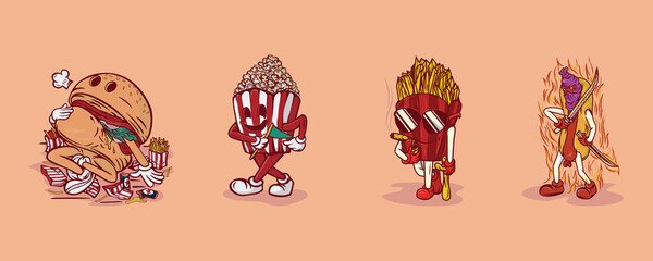 Four fast food character illustration, popcorn, hotdog, burger and fries on pink background